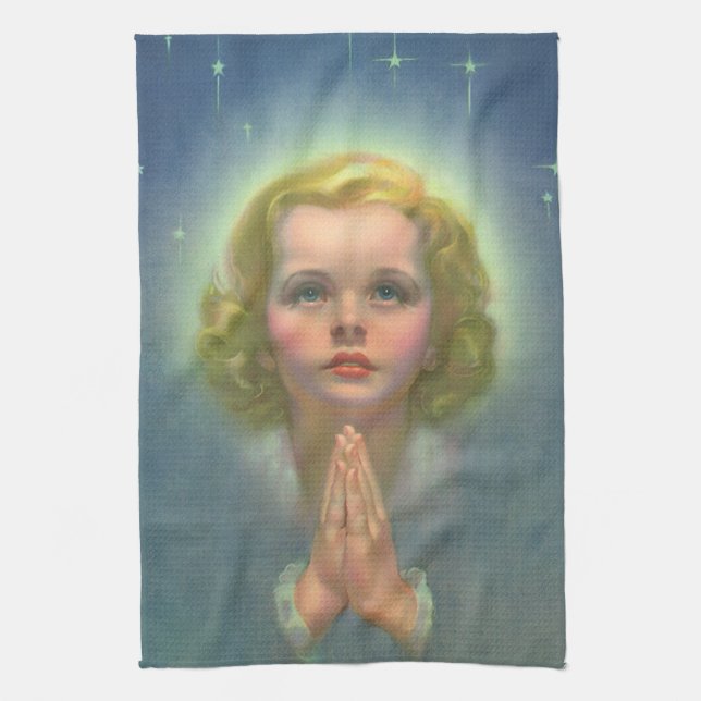 Angelic Blonde Girl with Halo and Stars Praying Tea Towel (Vertical)