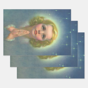 Angelic Blonde Girl with Halo and Stars Praying Wrapping Paper Sheet