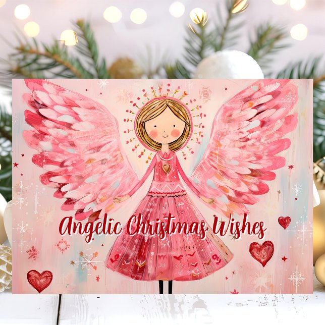 Angelic Christmas Wishes Pink Angel Holiday Card (Creator Uploaded)