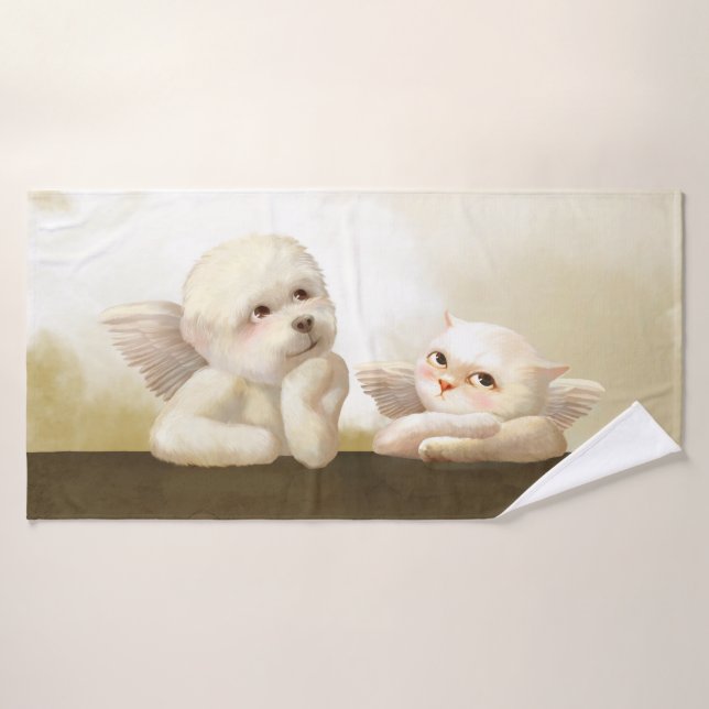 Angelic Dog and Cat on Cloud Bath Towel (Bath Towel)