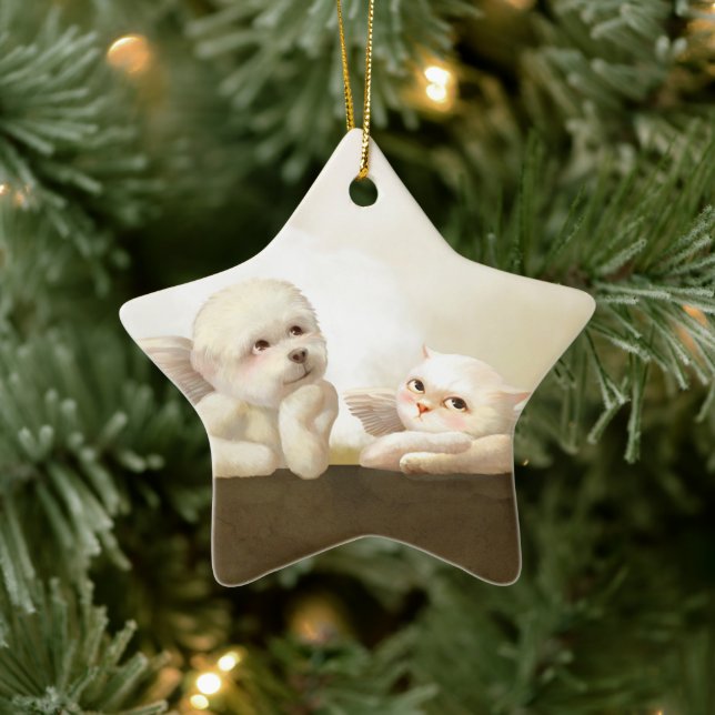 Angelic Dog and Cat on Cloud Ceramic Ornament (Tree)