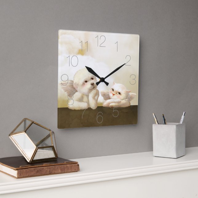 Angelic Dog and Cat on Cloud Square Wall Clock (Office)