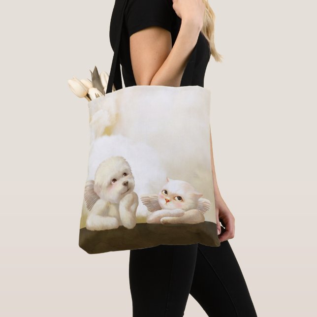 Angelic Dog and Cat on Cloud Tote Bag (Close Up)