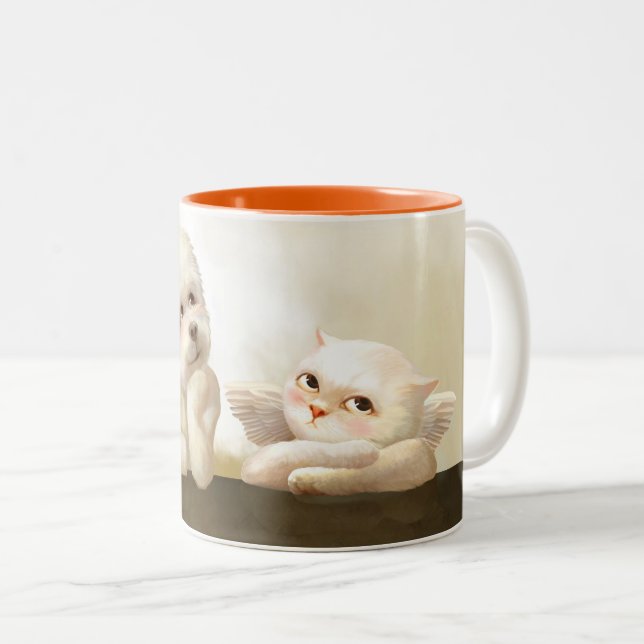 Angelic Dog and Cat on Cloud Two-Tone Coffee Mug (Front Right)
