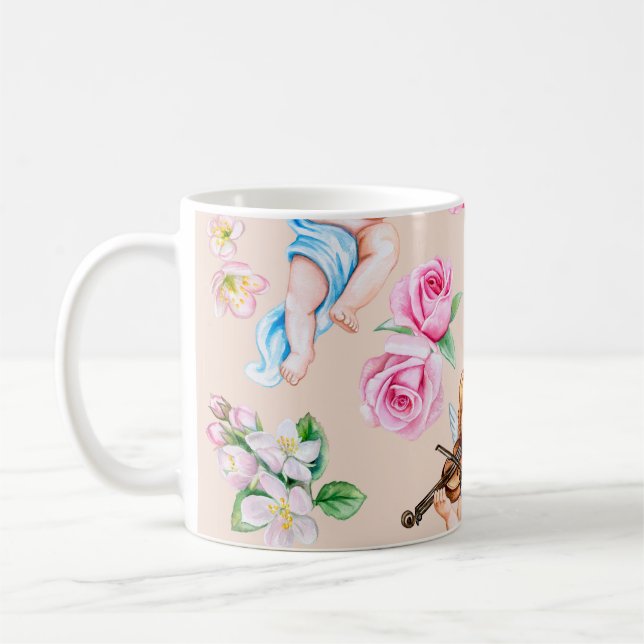 Angelic Florals: Vintage Cupid Pattern Coffee Mug (Left)