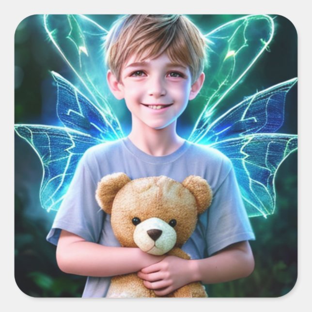 Angelic Little Boy with Fairy Wings  Square Sticker (Front)