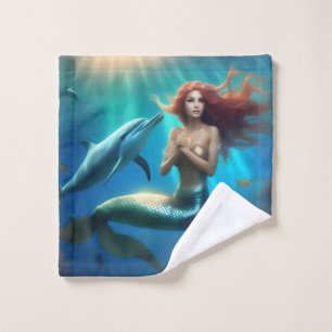 Angelic Mermaid Swimming With Dolphins, Wash Cloth