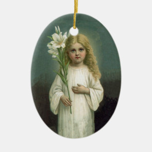 Angelic Victorian Blonde Girl White Lily Green Ceramic Ornament