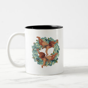 Angelic Vintage Cherubs with a floral wreath Two-Tone Coffee Mug