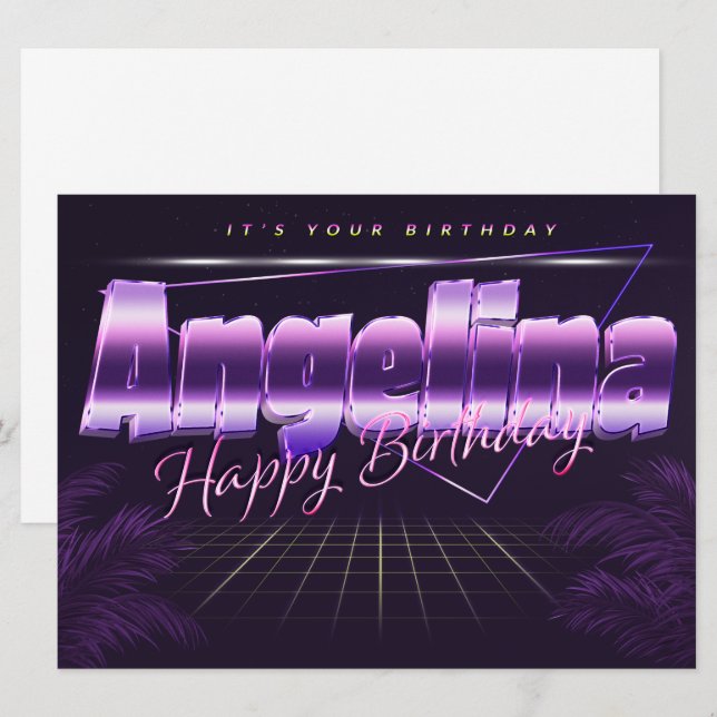 Angelina First Name Purple Retro Card Birthday (Front/Back)