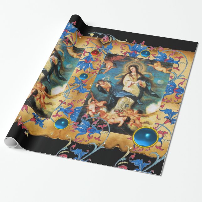 ANGELS AND VIRGIN PARCHMENT,RED BLUE FLOWERS,GEMS WRAPPING PAPER (Unrolled)