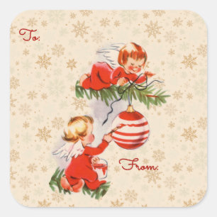 Angels Decorating Christmas Tree Gift Tag Sticker