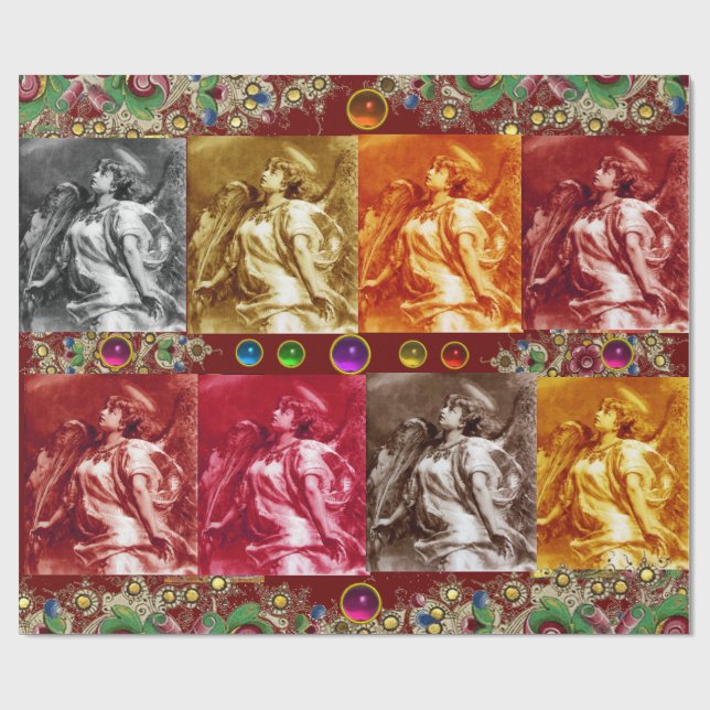 ANGELS, FEATHERS,GEMSTONES,Gold Floral Christmas Wrapping Paper (Flat)