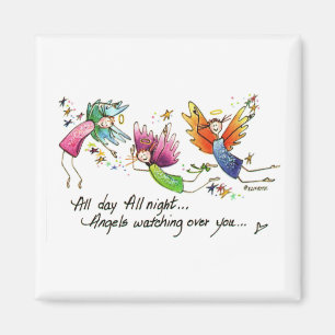 Angels Flying Happily “All Day” Watercolor Sketch  Magnet