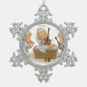 Angels in the Christmas Manger Pewter Snowflake or Ornament