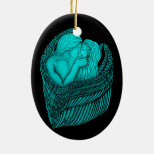 Angels Kissing , black and green Design Ceramic Ornament