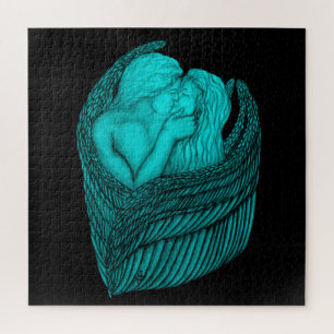 Angels Kissing , black and green Design Jigsaw Puzzle