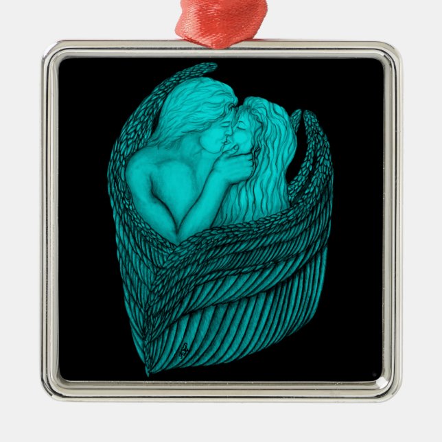 Angels Kissing , black and green Design Metal Ornament (Front)