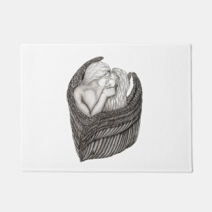 Angels Kissing , black and white Design Doormat