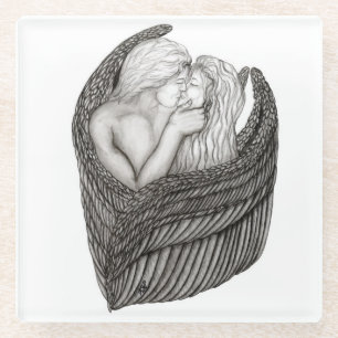 Angels Kissing , black and white Design Glass Coaster