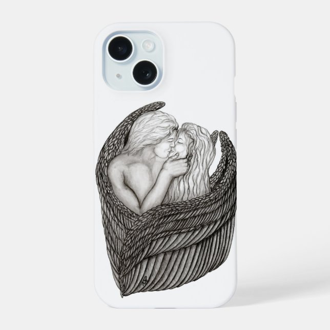 Angels Kissing , black and white Design iPhone 15 Case (Back)
