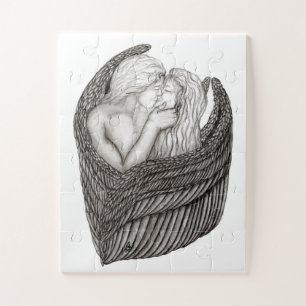 Angels Kissing , black and white Design Jigsaw Puzzle
