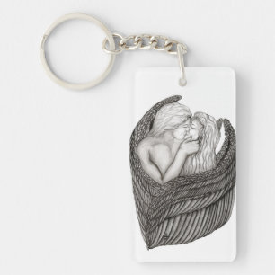 Angels Kissing , black and white Design Key Ring