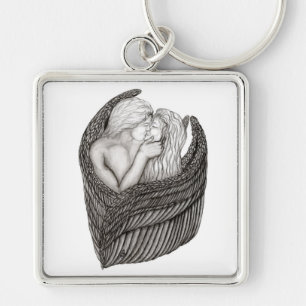 Angels Kissing , black and white Design Key Ring