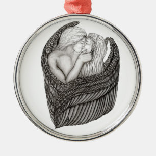Angels Kissing , black and white Design Metal Ornament