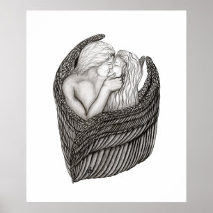 Angels Kissing , black and white Design Poster