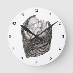 Angels Kissing , black and white Design Round Clock