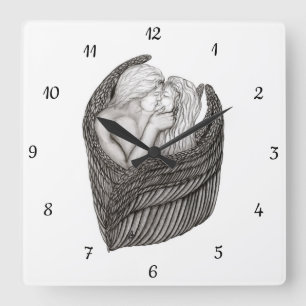 Angels Kissing , black and white Design Square Wall Clock