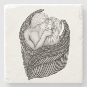 Angels Kissing , black and white Design Stone Coaster