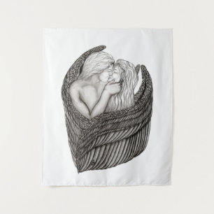 Angels Kissing , black and white Design Tapestry