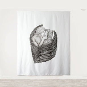Angels Kissing , black and white Design Tapestry