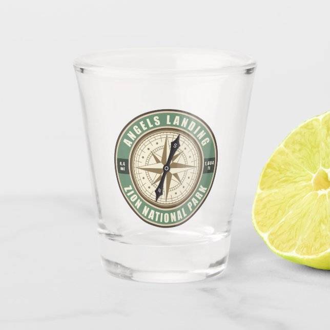 Angels Landing Trail Utah Compass Hiking Badge Shot Glass (Front)
