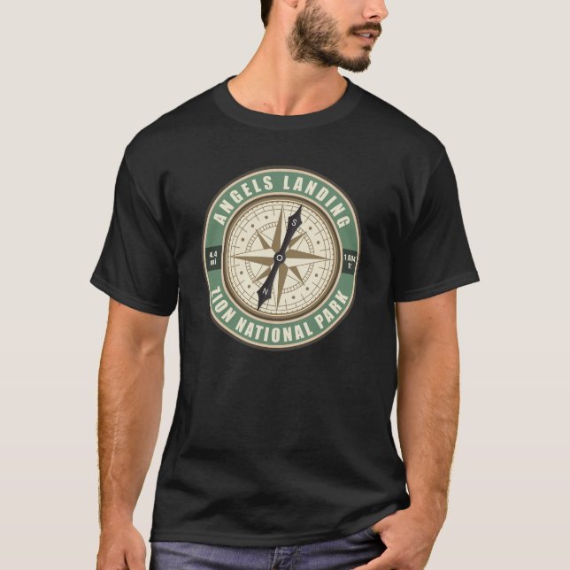 Angels Landing Trail Utah Compass Hiking Badge T-Shirt (Front)