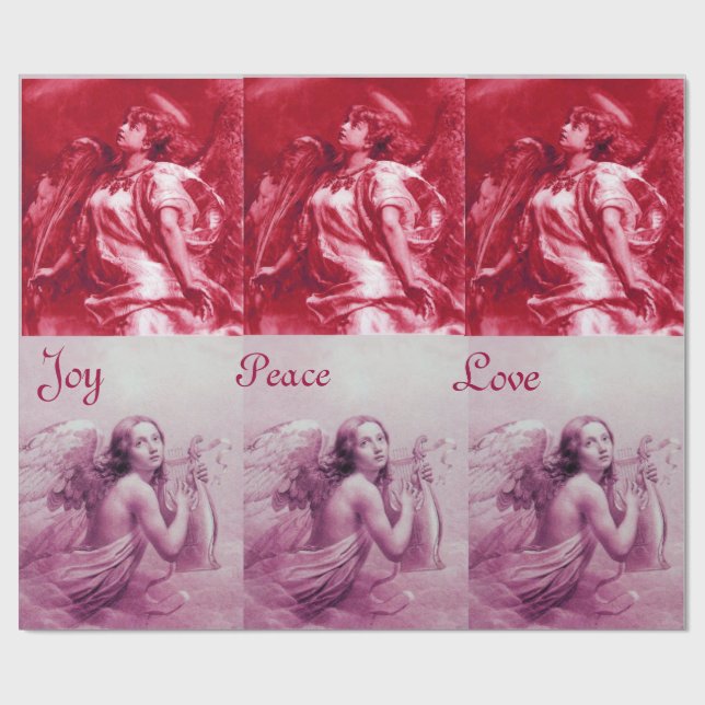 ANGELS PLAYING LYRA OVER THE CLOUDS Pink Christmas Wrapping Paper (Flat)