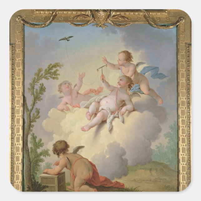 Angels Playing with a Bird in a Landscape Square Sticker (Front)