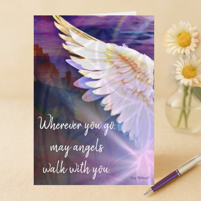Angels Walk With You Guardian Angel Purple Wing Card (Watercolor style illustration card of angel's wing purple hues with message ‘"Angels walk with you")