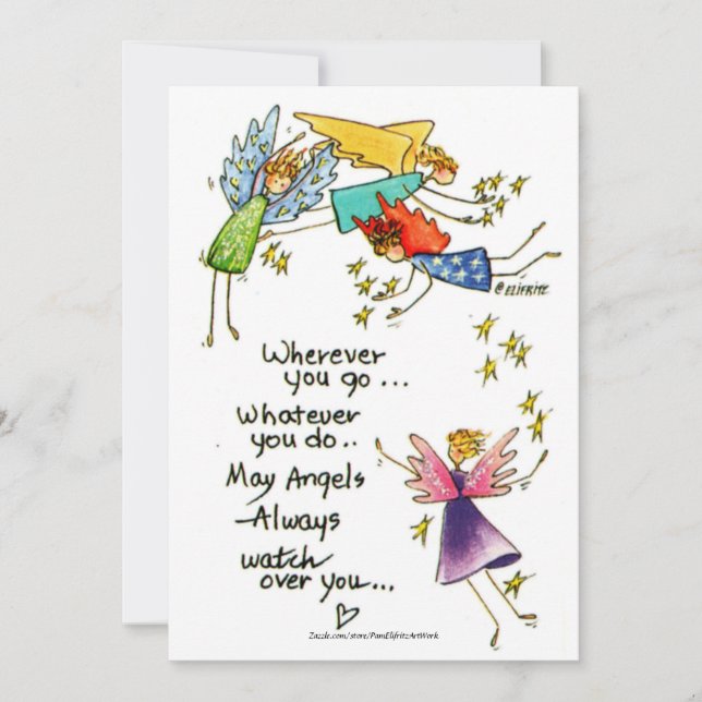 Angels Watch Over You Colourful Watercolor Sketch Holiday Card (Front)