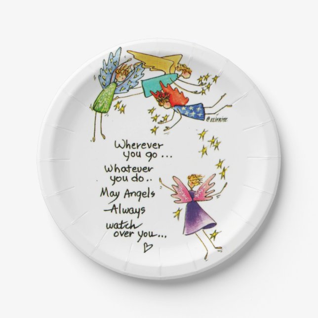 Angels Watch Over You Colourful Watercolor Sketch Paper Plate (Front)