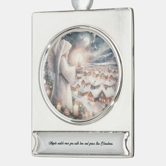 Angels watch over you nordic style Christmas  Silver Plated Banner Ornament (Left)