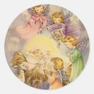Angels Watching Over Baby Jesus Classic Round Sticker