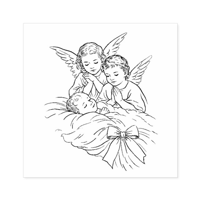 Angels Watching Over Sleeping Baby Religious Rubber Stamp (Imprint)