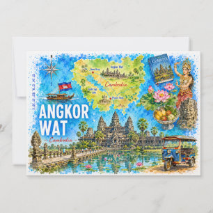 Angkor Wat Cambodia Watercolor Travel Postcard