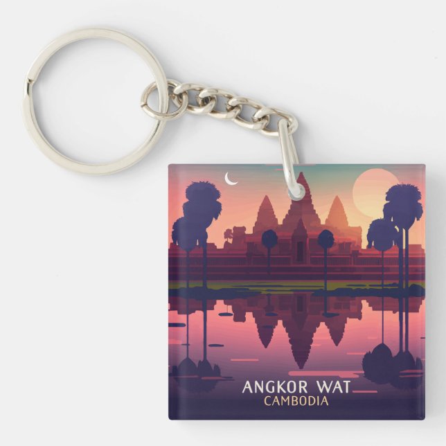 Angkor Wat Sunrise Cambodia Siem Reap Retro Key Ring (Front)
