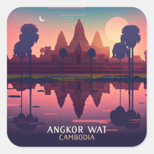Angkor Wat Sunrise Cambodia Siem Reap Retro Square Sticker