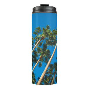 Angle perspective of group of tall thin palm trees thermal tumbler