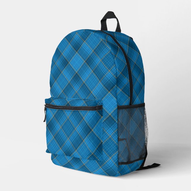 Angled Blue Plaid Pattern Printed Backpack (Back Corner Right)